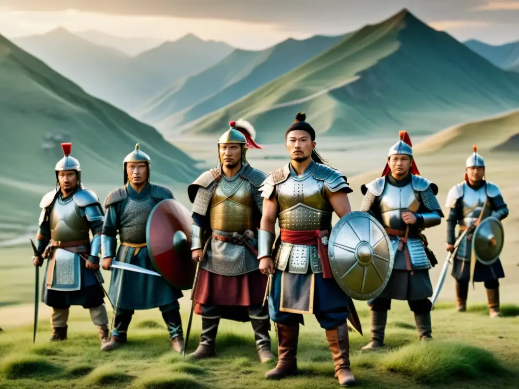 Un grupo épico de guerreros de diversas culturas y etnias se preparan para resistir el avance mongol en un paisaje montañoso