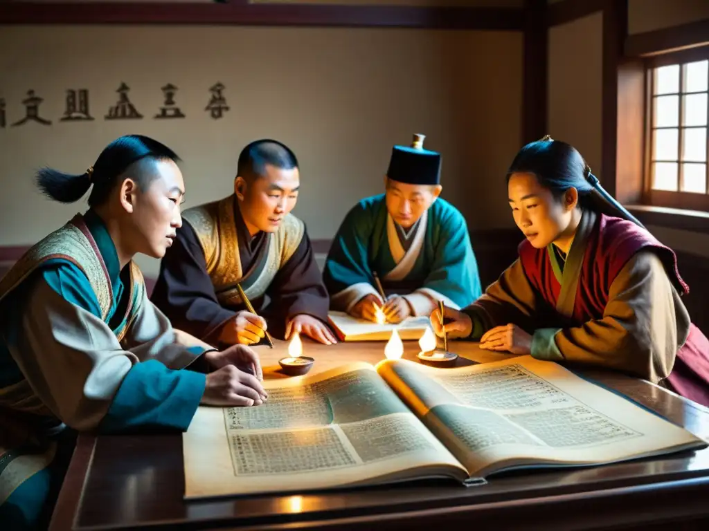 Un grupo de eruditos y científicos en atuendo tradicional mongol discuten descubrimientos científicos y conquistas mongolas, rodeados de instrumentos antiguos y manuscritos en una habitación cálidamente iluminada por lámparas de aceite y luz solar filtrada