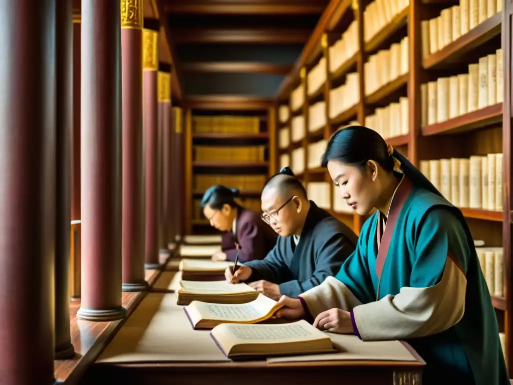 Grupo de eruditos mongoles preservando manuscritos antiguos en una biblioteca ornamentada, iluminada por lámparas de época