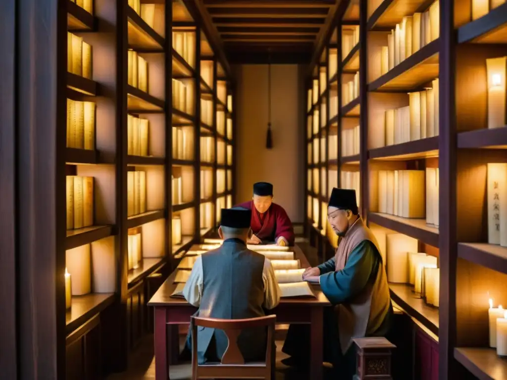 Grupo de eruditos y escribas traduciendo textos religiosos en la biblioteca imperial mongol, con una atmósfera de devoción y dedicación académica