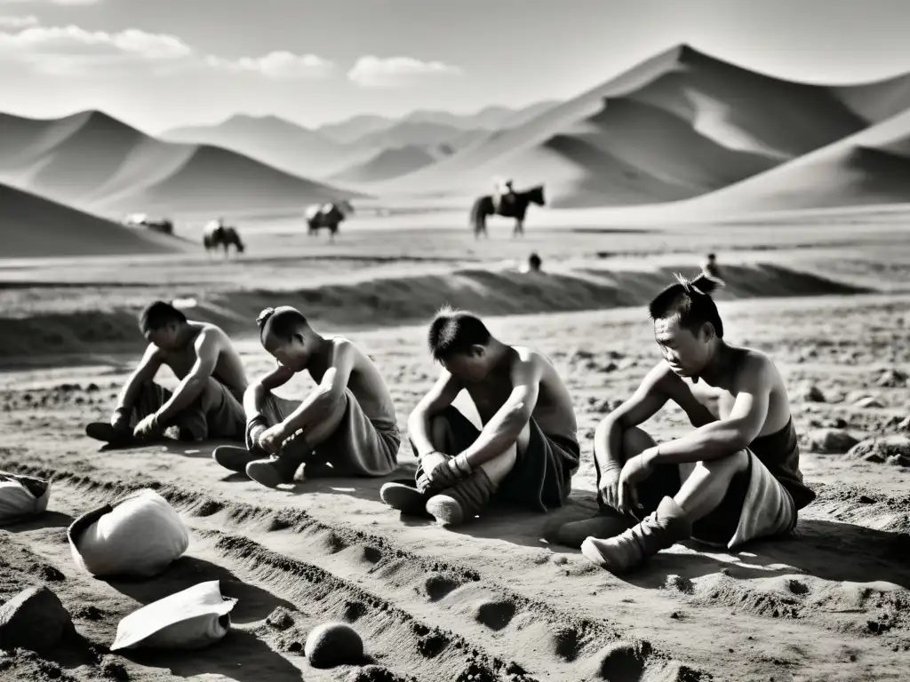 Esclavos y sirvientes en Mongolia: trabajando bajo el sol Grupo de esclavos y sirvientes mongoles trabajando en los campos bajo el sol abrasador, mostrando el duro rol esclavos sociedad mongola