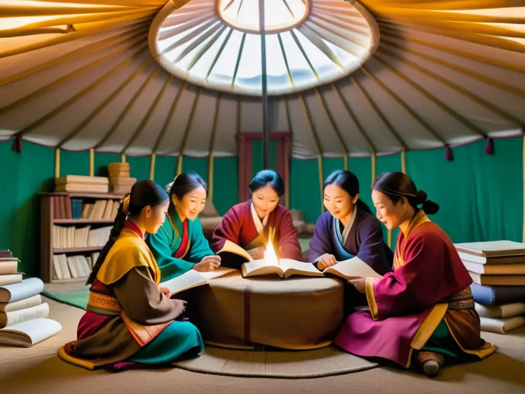 Un grupo de escritoras mongoles en una yurta tradicional, rodeadas de libros, compartiendo historias y logros literarios con pasión y determinación