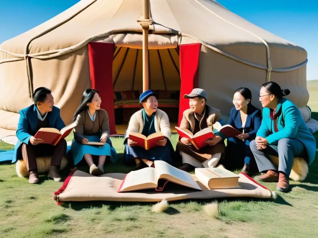 Un grupo de escritores y poetas mongoles conversa animadamente sobre literatura contemporánea, rodeados por la vasta estepa mongola bajo un cielo azul