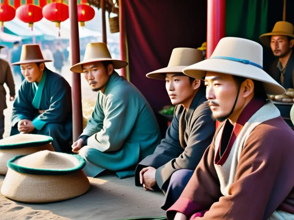 Un grupo de espías mongoles se mezcla en un bullicioso mercado, ocultos bajo sombreros anchos, escuchando y observando en secreto