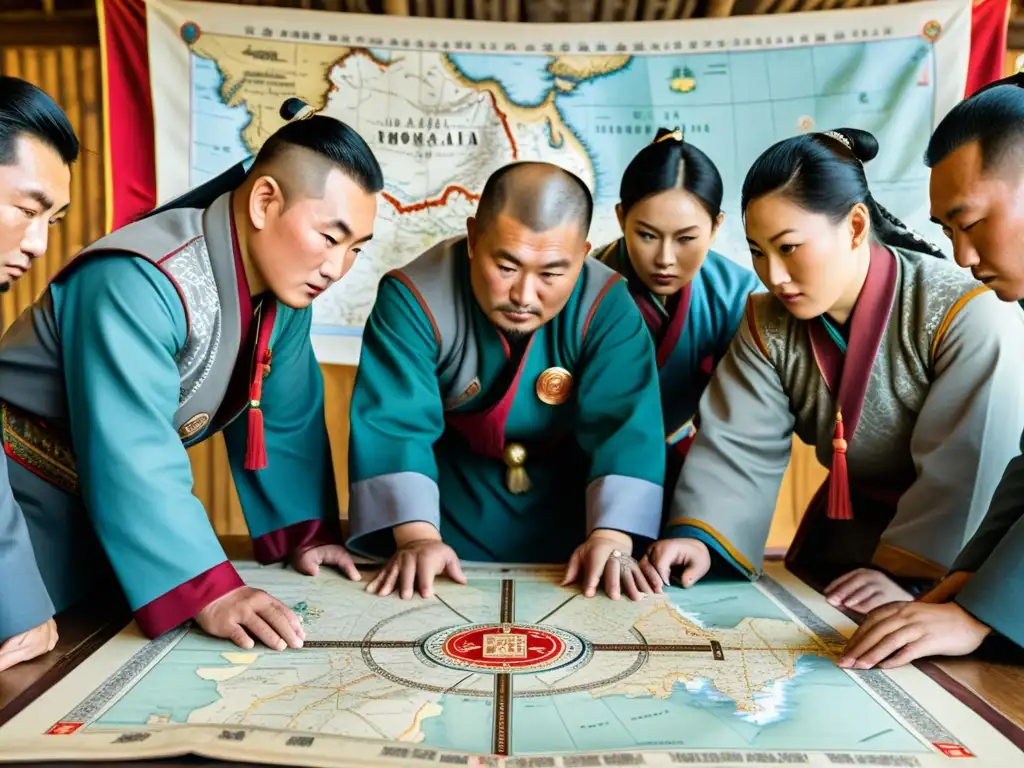 Un grupo de espías mongoles se reúne alrededor de un mapa, planeando estratégicamente sus movimientos