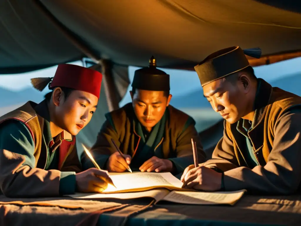 Un grupo de espías mongoles en un tentáculo, estudiando mapas y documentos bajo la luz de una lámpara de aceite