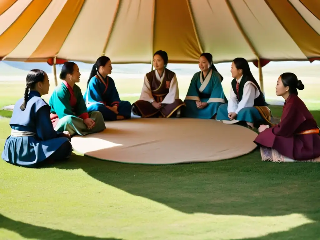 Un grupo de estudiantes femeninas en atuendo tradicional mongol participa activamente en una lección al aire libre, bajo la cálida luz del sol