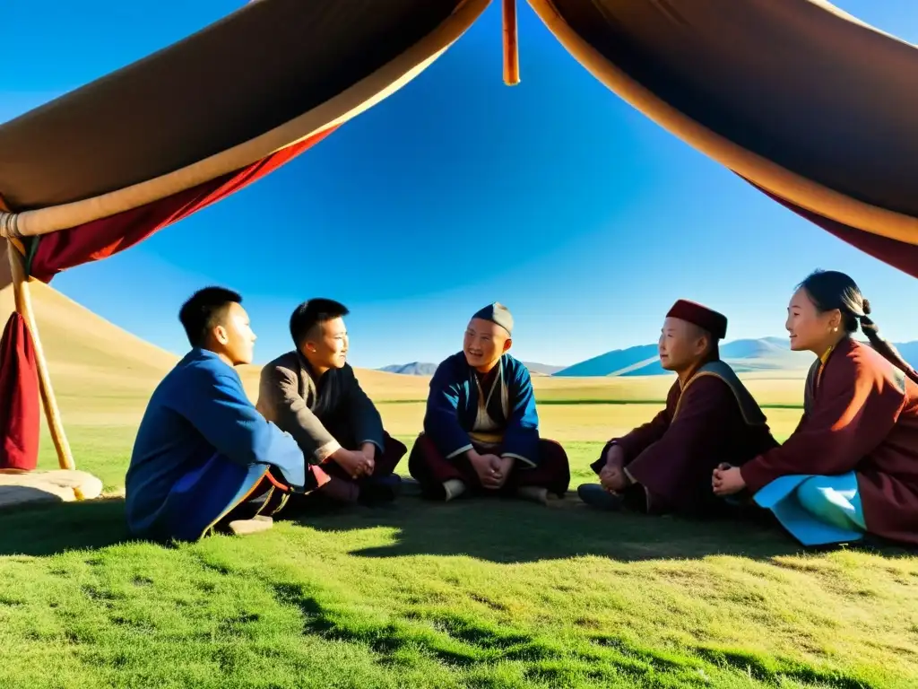 Un grupo de jóvenes estudiantes mongoles en atuendo tradicional hablan con su maestro cerca de una yurta bajo el cielo azul