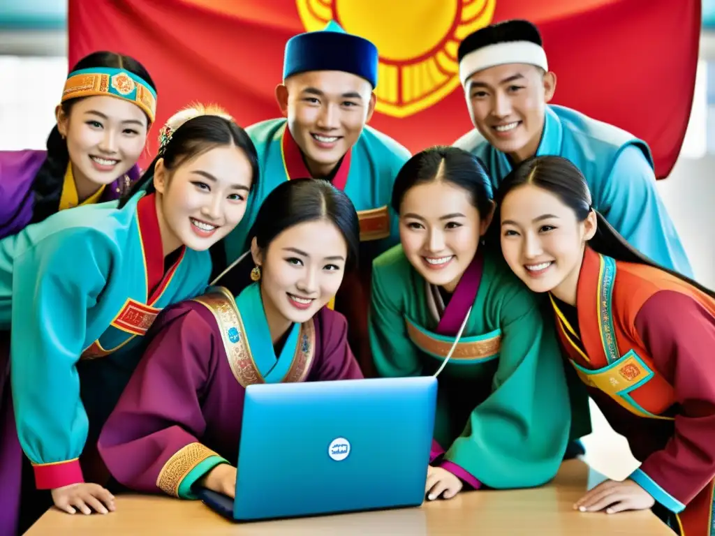 Grupo de estudiantes mongoles usando tecnología para el renacimiento del idioma mongol, combinando tradición y modernidad