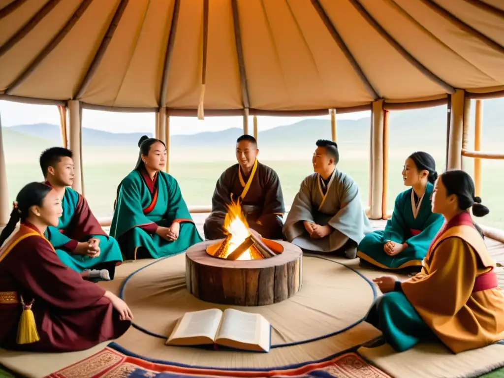 Grupo de estudiantes mongolos en yurta tradicional, aprendiendo en un ambiente culturalmente enriquecido