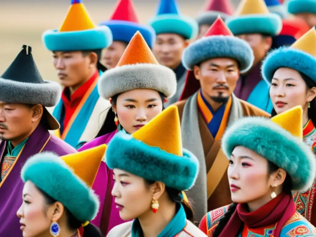 Grupo en festival mongol con sombreros tradicionales de Mongolia en colores vibrantes y patrones detallados