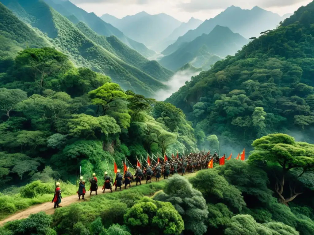 Grupo de guerreros chinos en armadura tradicional, resistencia contra avance mongol épica en la montaña con bosque denso