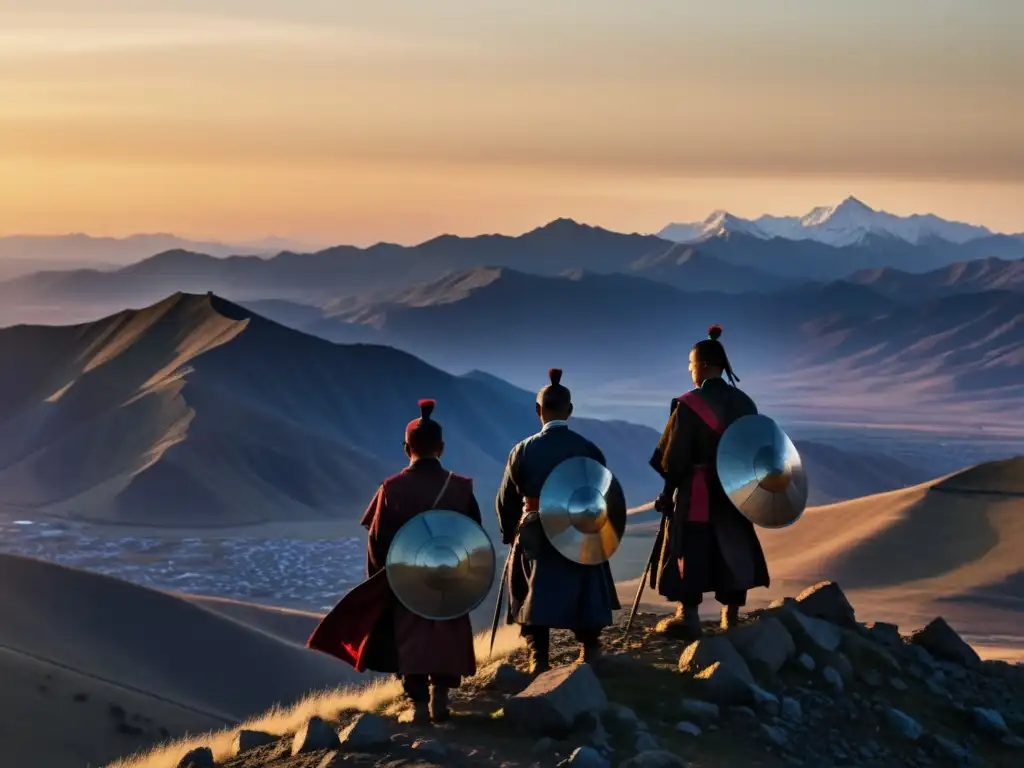 Un grupo de guerreros desafiantes en la cima de una montaña, con expresiones determinadas, observando la tierra conquistada al atardecer