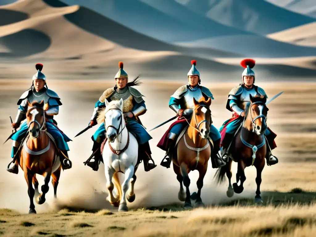 Grupo de guerreros del Imperio Mongol a caballo, con determinación en los ojos, en la majestuosa estepa