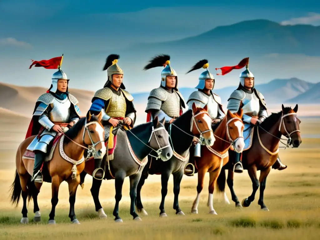 Grupo de guerreros del Imperio Mongol en armaduras tradicionales, montados en caballos en la vasta estepa mongola