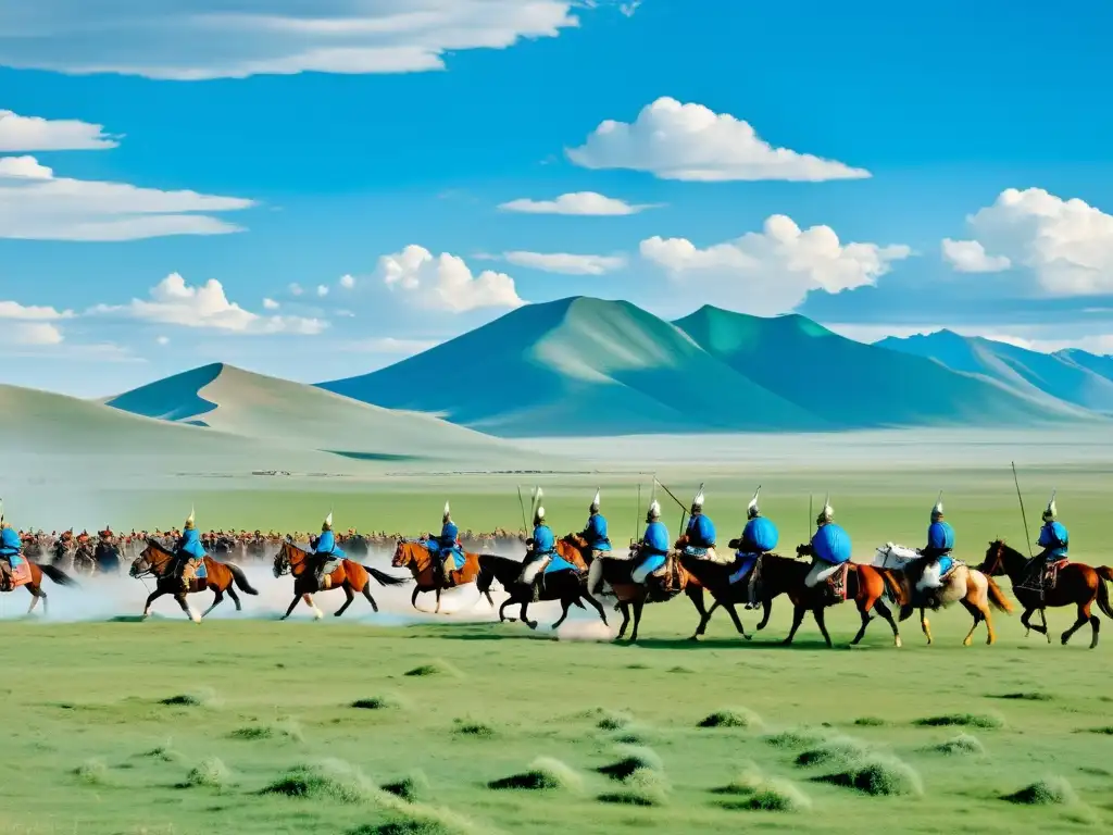 Grupo de guerreros mongolas a caballo realizando un maniobra estratégica en las vastas llanuras de Mongolia