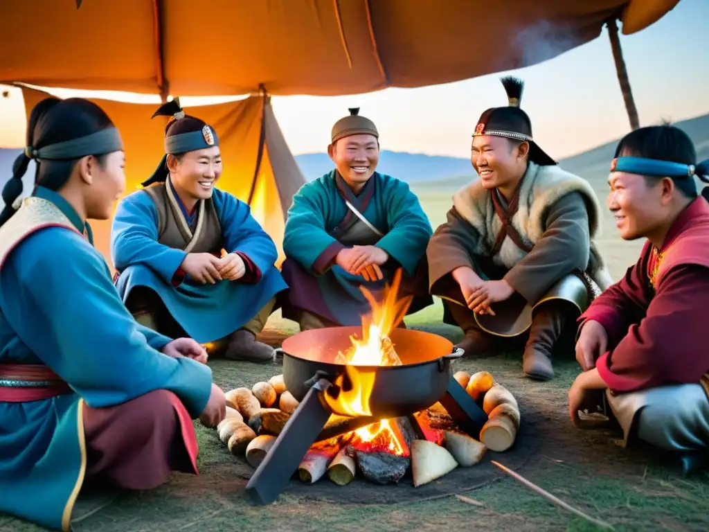 Grupo de guerreros mongoles disfrutando de una abundante comida alrededor de la hoguera en la dieta guerreros Imperio Mongol