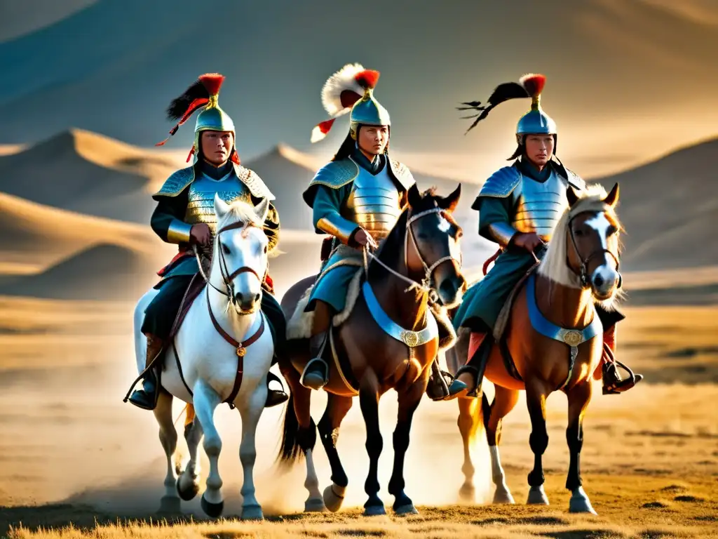 Grupo de guerreros mongoles antiguos a caballo, preparándose para la batalla en la estepa mongola al atardecer