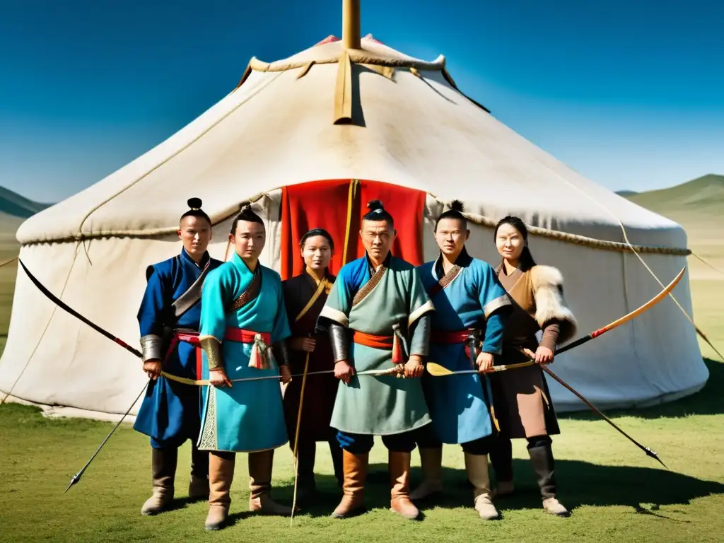 Un grupo de guerreros mongoles en atuendo tradicional, con arcos y flechas, frente a una yurta en la estepa