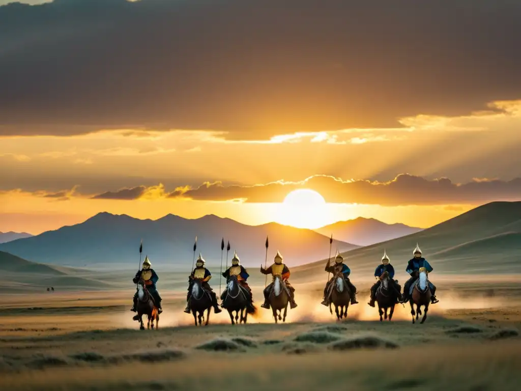 Grupo de guerreros mongoles a caballo en una pradera al atardecer, mostrando táctica de retirada en batalla