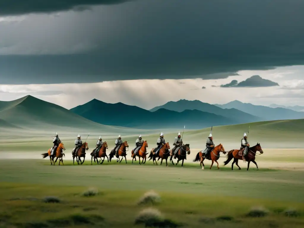 Grupo de guerreros mongoles a caballo en paisaje desolado bajo un cielo nublado, transmitiendo la dureza de las campañas militares mongolas