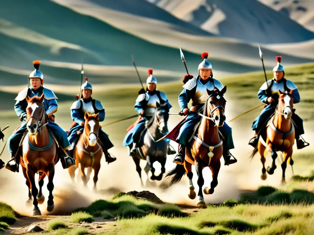 Guerreros mongoles en emboscada: tácticas de adaptabilidad Un grupo de guerreros mongoles a caballo, adaptando tácticas en terreno accidentado para emboscar al enemigo