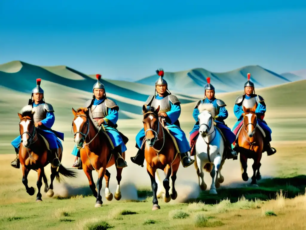 Jinetes mongoles en la estepa: fuerza y determinación Un grupo de guerreros mongoles a caballo, con armaduras tradicionales y lanzas, cabalgan por la extensa estepa mongola
