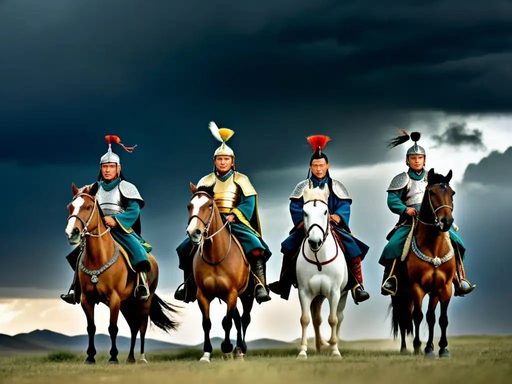 Grupo de guerreros mongoles a caballo en la estepa, con cielo tormentoso