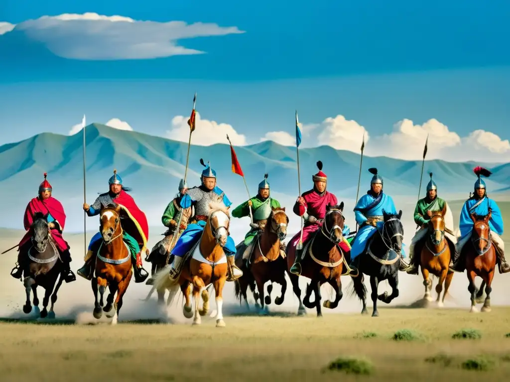 Grupo de guerreros mongoles a caballo en un vasto paisaje, mostrando las tácticas de caballería del Imperio Mongol