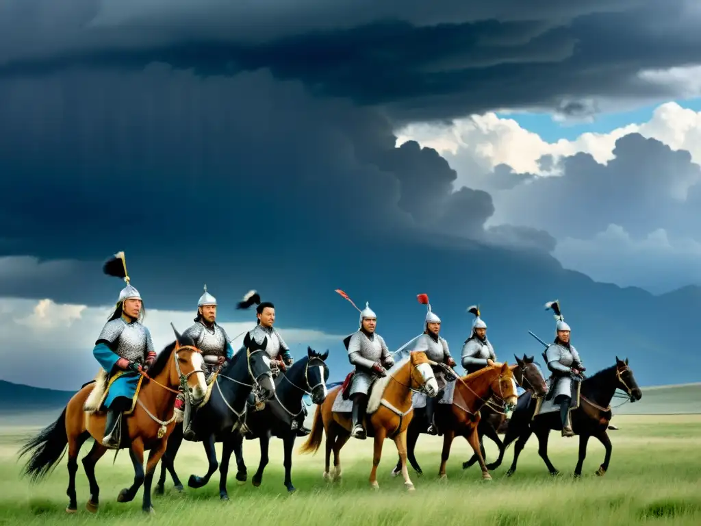 Un grupo de guerreros mongoles a caballo, con armaduras tradicionales y armas, cabalgando por la estepa bajo un cielo dramático lleno de nubes oscuras