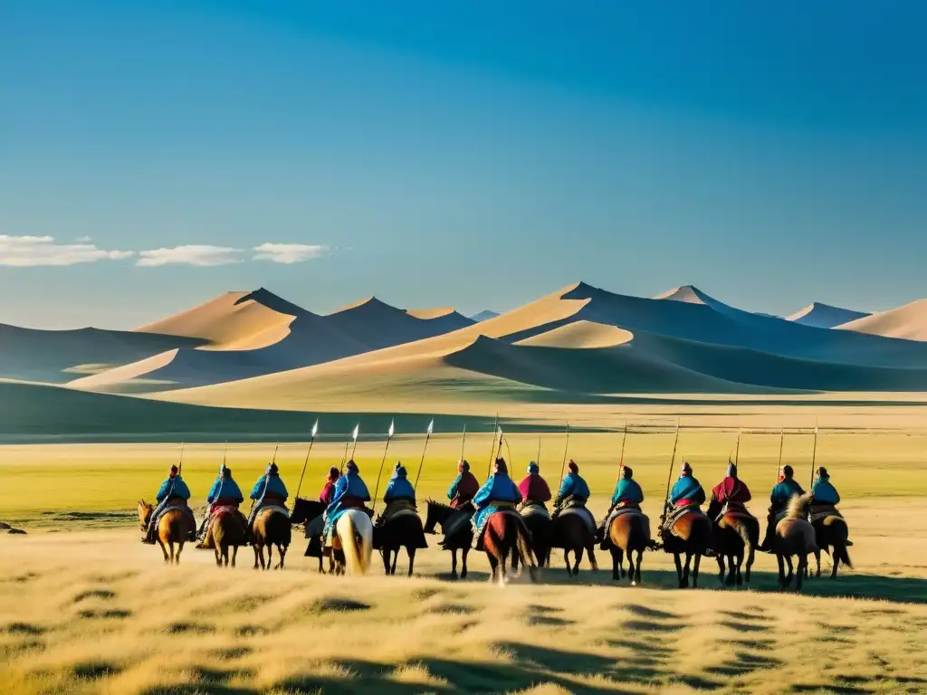 Grupo de guerreros mongoles a caballo en la vasta estepa, transmitiendo la fuerza y determinación de las estrategias de guerra mongoles