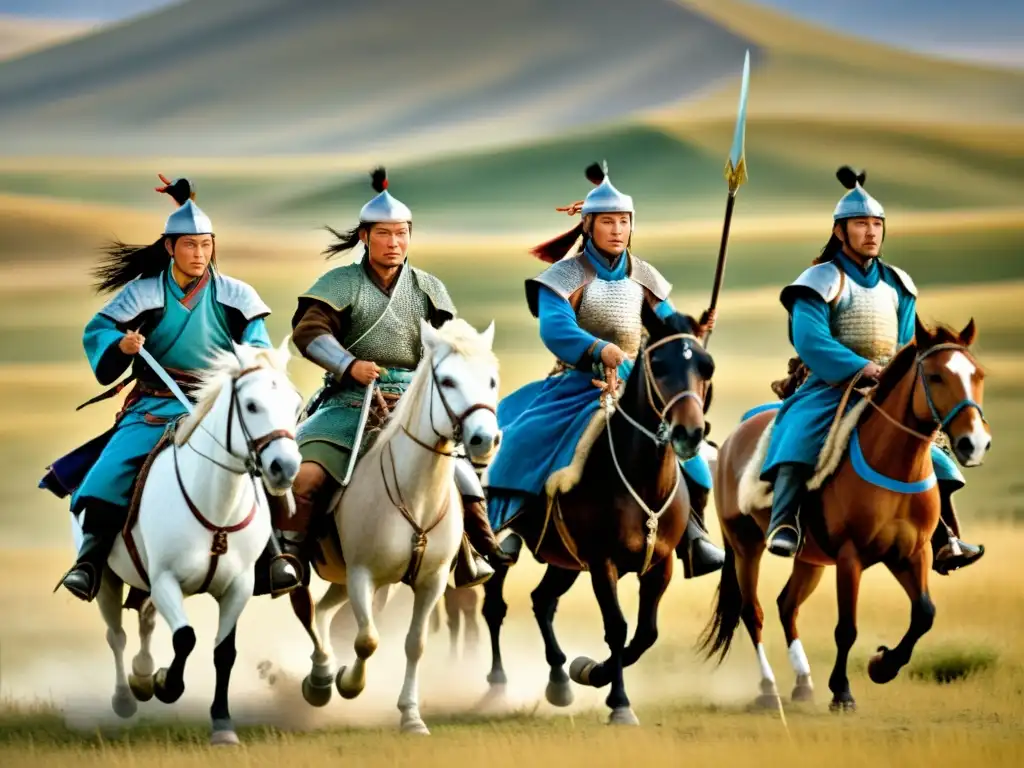 Un grupo de guerreros mongoles a caballo cabalgan por la estepa, reflejando la fortaleza del Imperio mongol frente a rebeliones contra imperio mongol