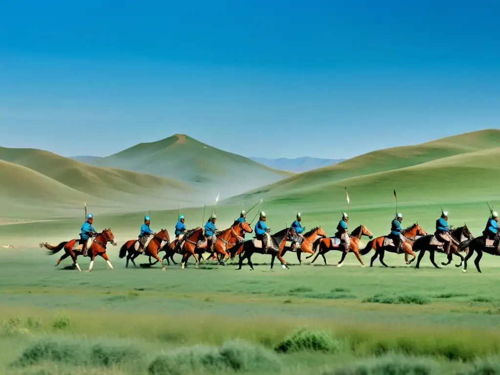 Grupo de guerreros mongoles a caballo galopando en la vasta estepa, capturando el ascenso meritocrático en el ejército mongol