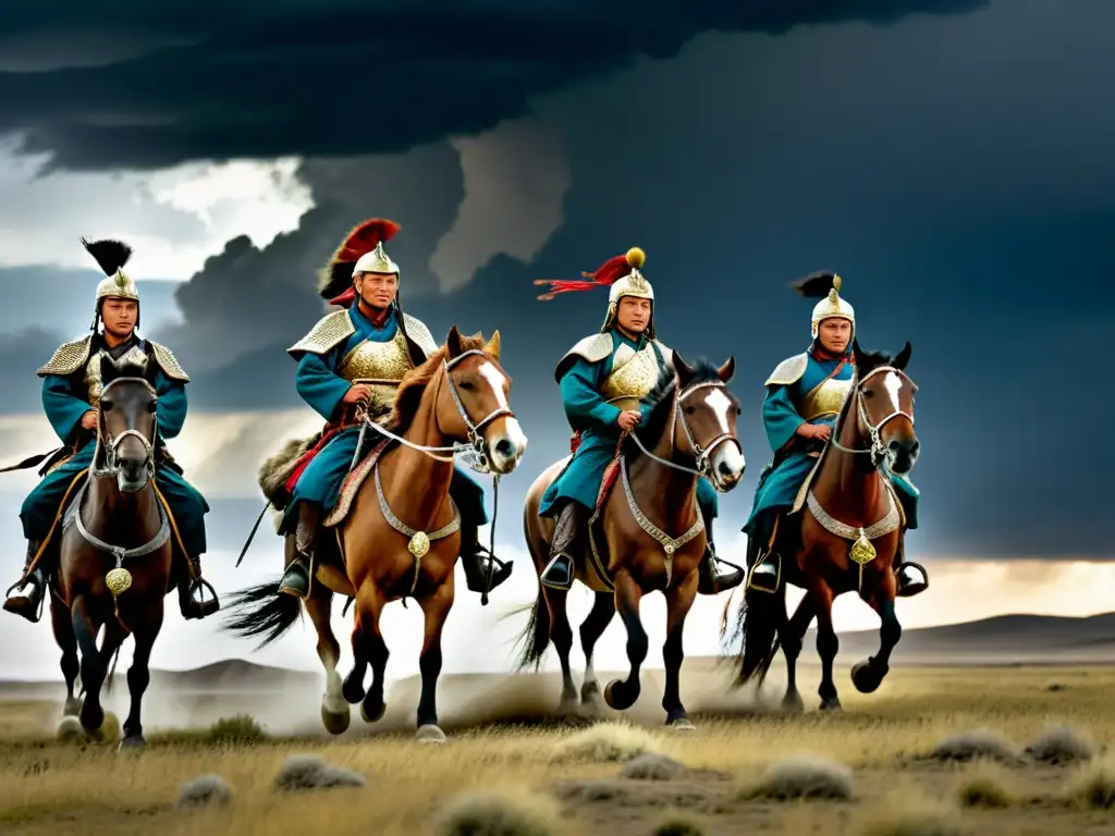 Grupo de guerreros mongoles a caballo con águilas de caza, resaltando la importancia de los animales en la vida nómada en Mongolia