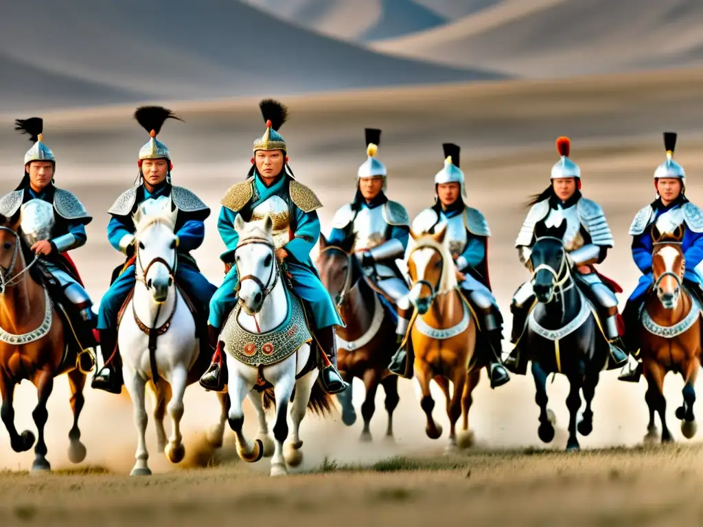 Grupo de guerreros mongoles a caballo con armaduras meticulosamente elaboradas, reflejando la rica tradición cultural y artística de Mongolia