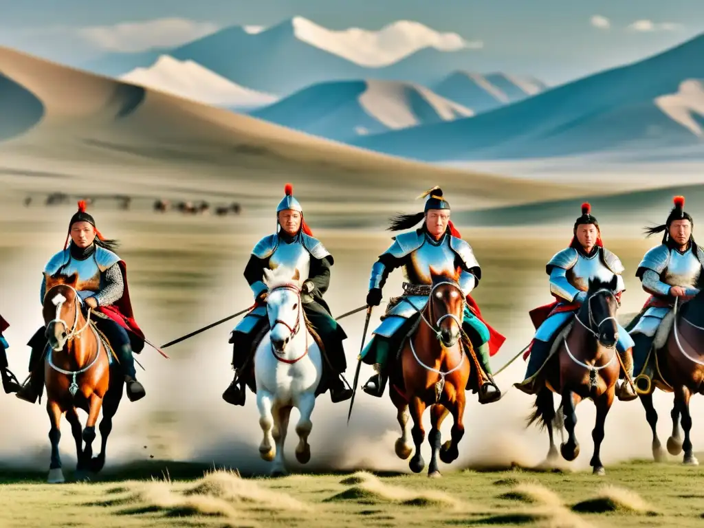 Grupo de guerreros mongoles a caballo en las vastas estepas, evocando la vida nómada y la fuerza del Imperio Mongol