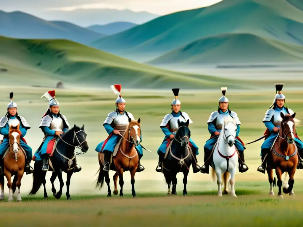 Grupo de guerreros mongoles a caballo en la vasta estepa, con armaduras tradicionales y arcos, evocando el poder del Imperio Mongol mediación cristianismo islam