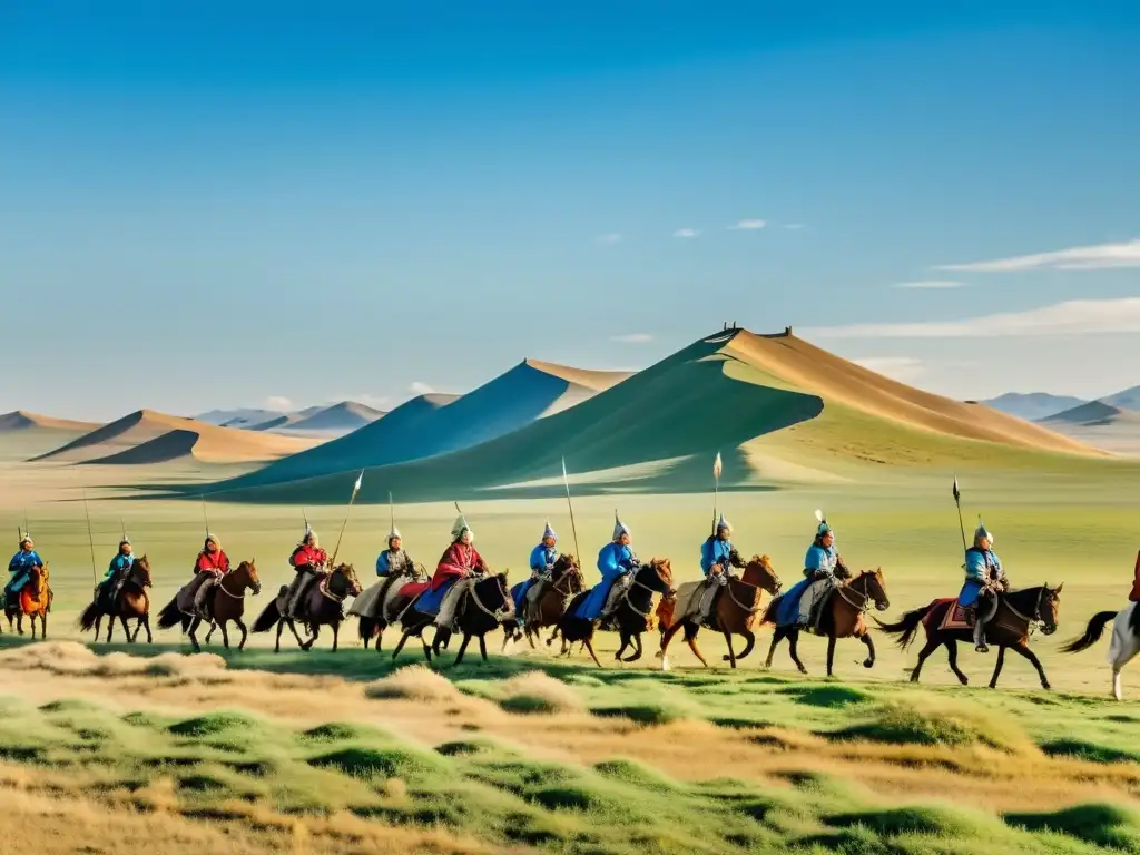 Grupo de guerreros mongoles a caballo en la extensa estepa, con cielo azul y colinas