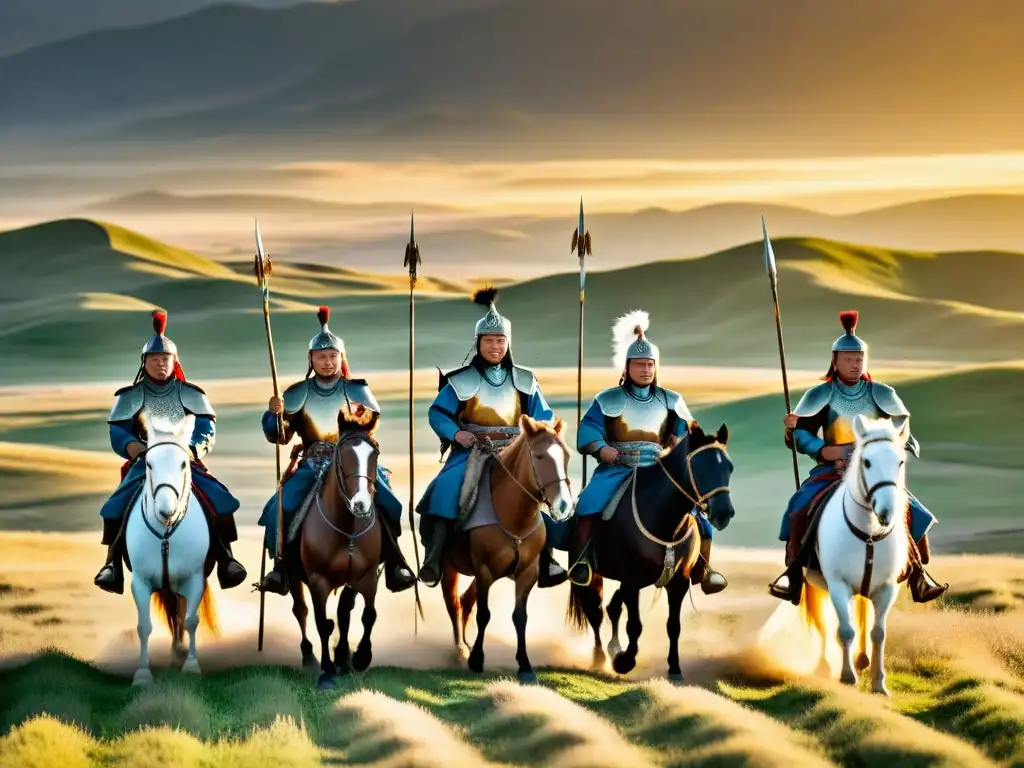 Grupo de guerreros mongoles a caballo en la estepa, reflejando el liderazgo en el Imperio Mongol con fuerza y determinación al atardecer