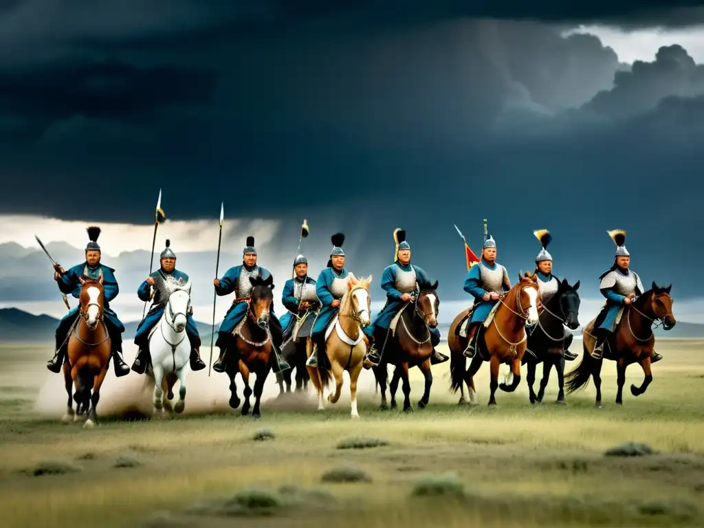 Grupo de guerreros mongoles a caballo, con armaduras tradicionales, cabalgando en la estepa bajo un cielo tormentoso