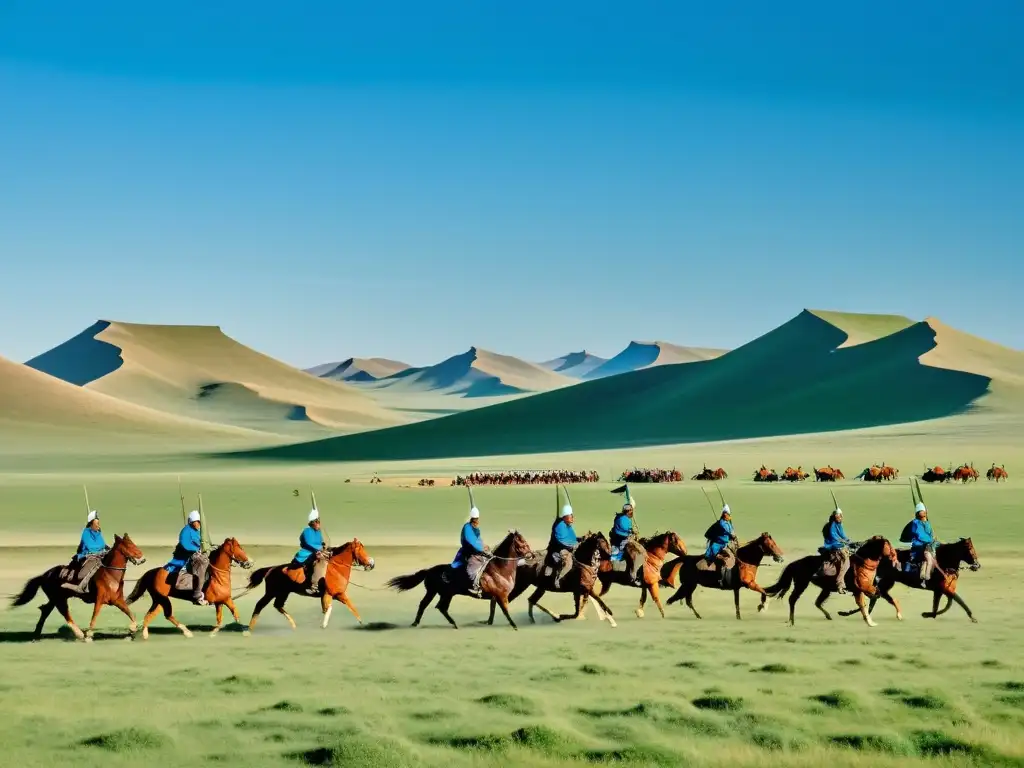 Grupo de guerreros mongoles a caballo en la extensa estepa, con tiendas nómadas tradicionales