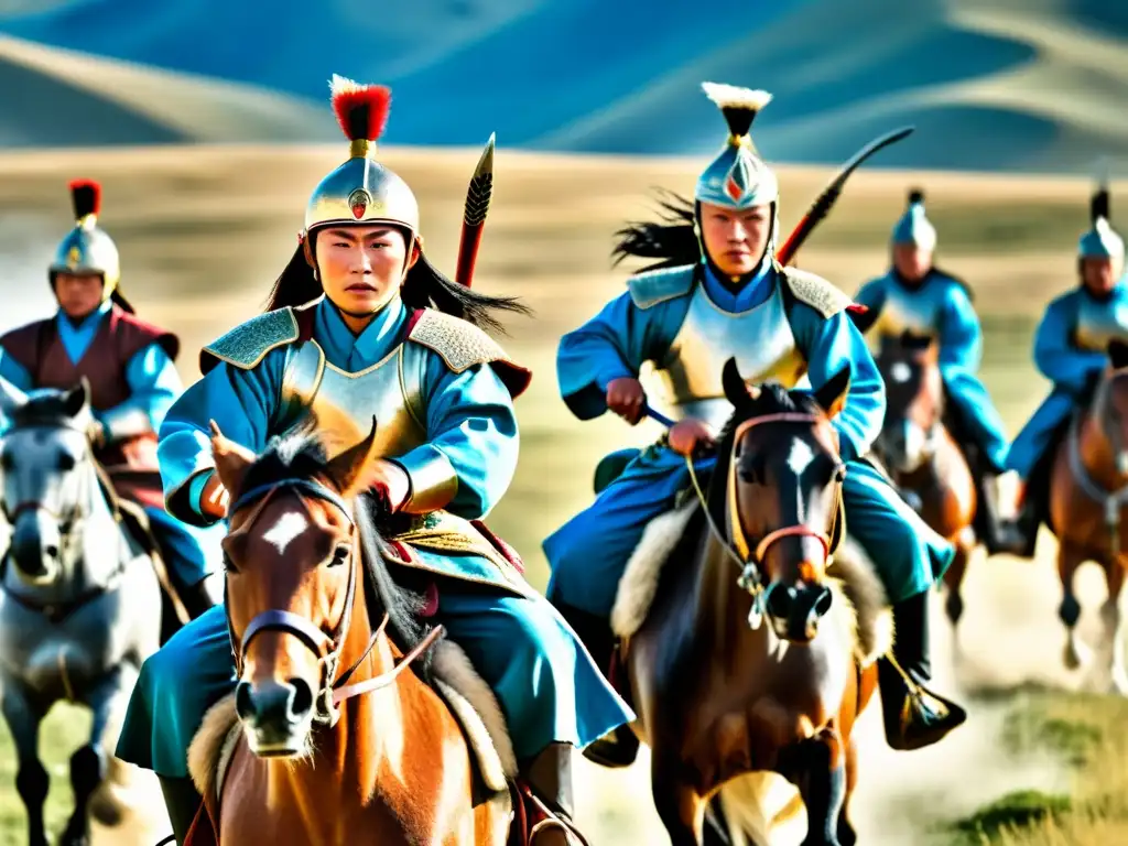 Un grupo de guerreros mongoles a caballo cabalgan por las estepas, evocando las tácticas de guerra mongolas adaptadas