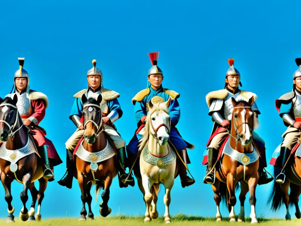 Un grupo de guerreros mongoles a caballo en formación, luciendo impresionantes armaduras tradicionales en una llanura