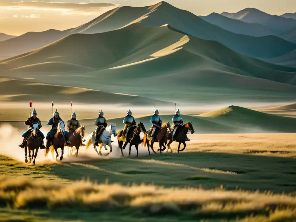 Grupo de guerreros mongoles a caballo con armaduras mongolas en batallas, en la vasta estepa al atardecer