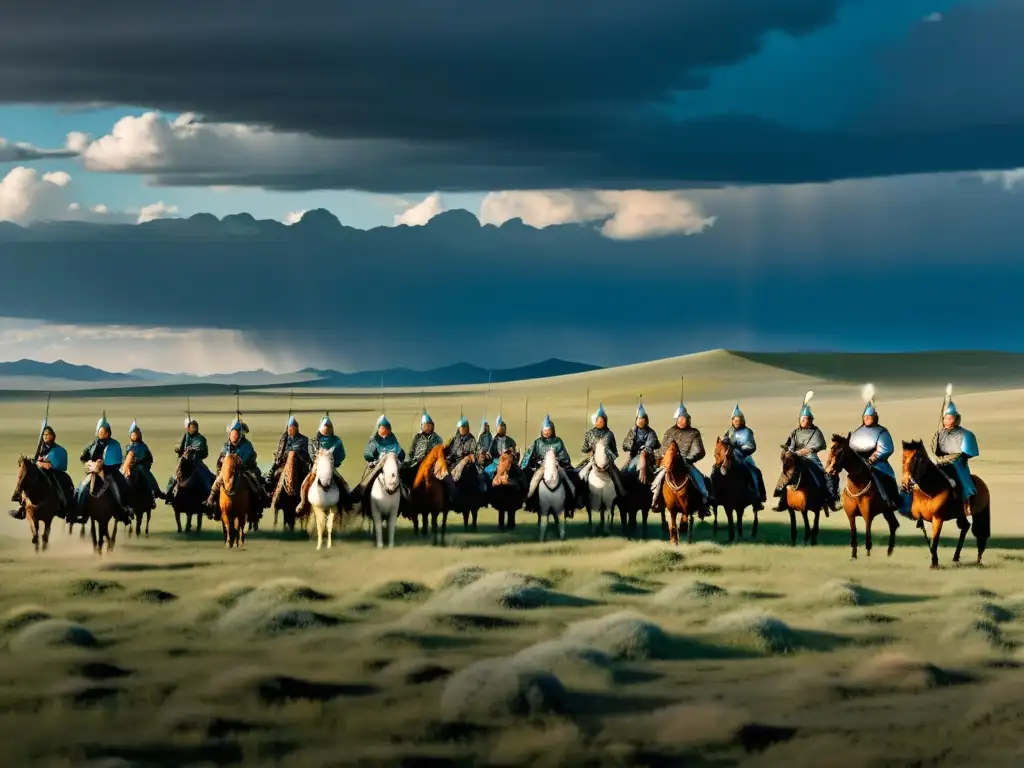 Grupo de guerreros mongoles a caballo en la estepa, preparándose para la batalla bajo un cielo dramático