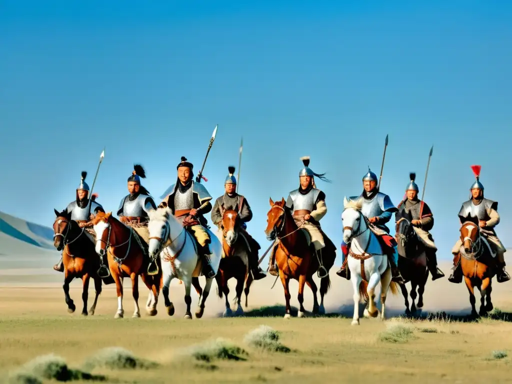 Grupo de guerreros mongoles en caballo protegiendo rutas comerciales en la vasta estepa bajo cielo azul