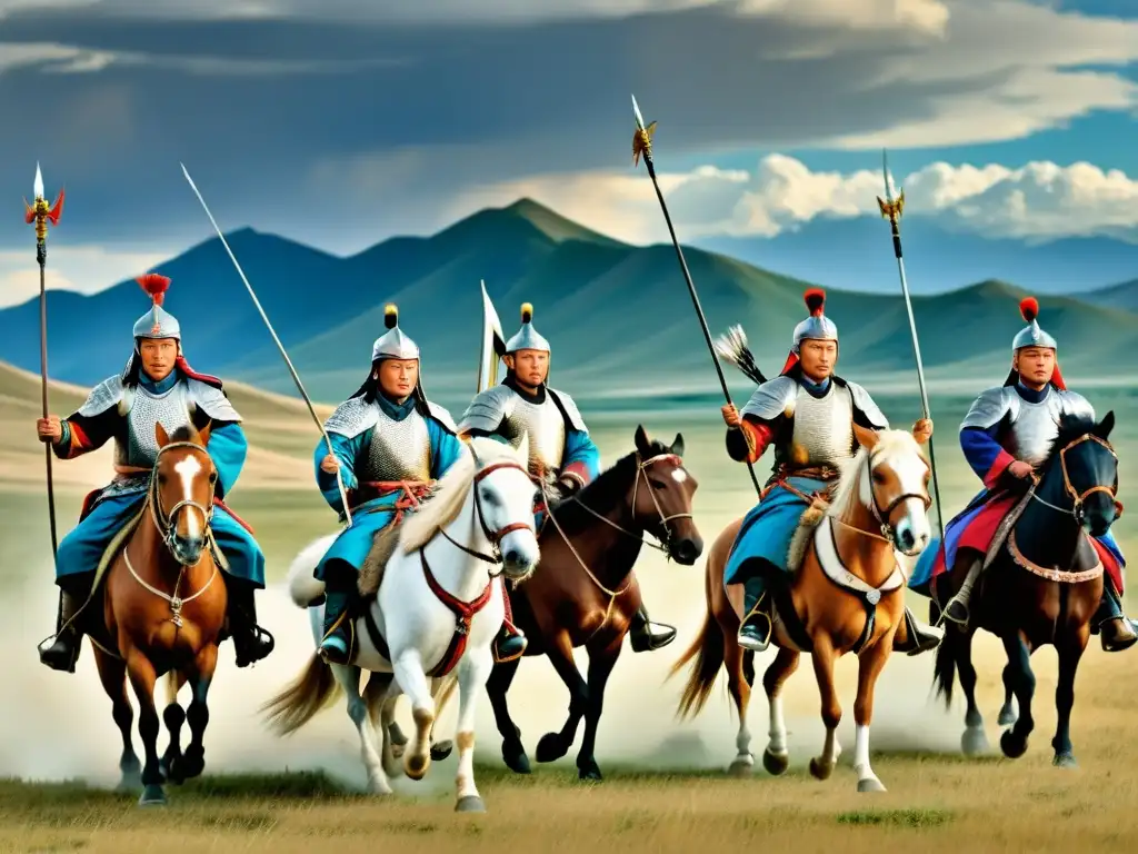 Un grupo de guerreros mongoles a caballo, en formación táctica en las amplias estepas de Mongolia