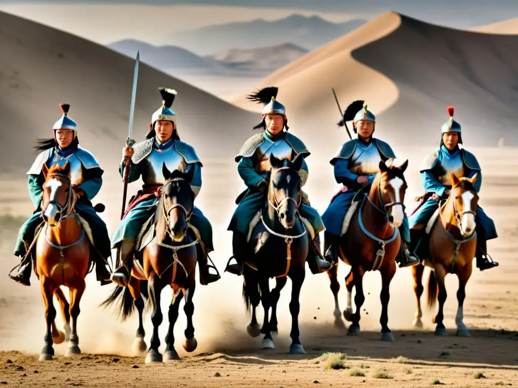 Un grupo de guerreros mongoles a caballo, listos para la batalla en un paisaje árido