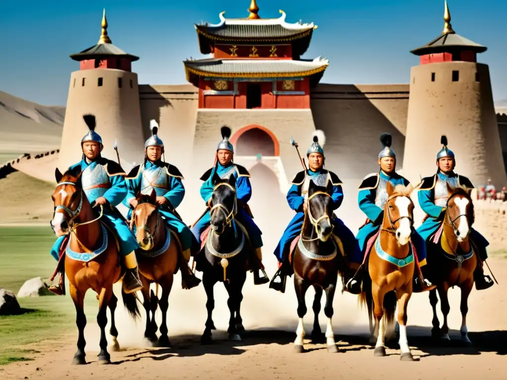 Un grupo de guerreros mongoles a caballo, con arcos y flechas, frente a una ciudad fortificada