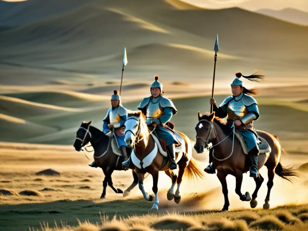 Grupo de guerreros mongoles a caballo, en la estepa, mostrando la fuerza y legado del Imperio Mongol en Rusia